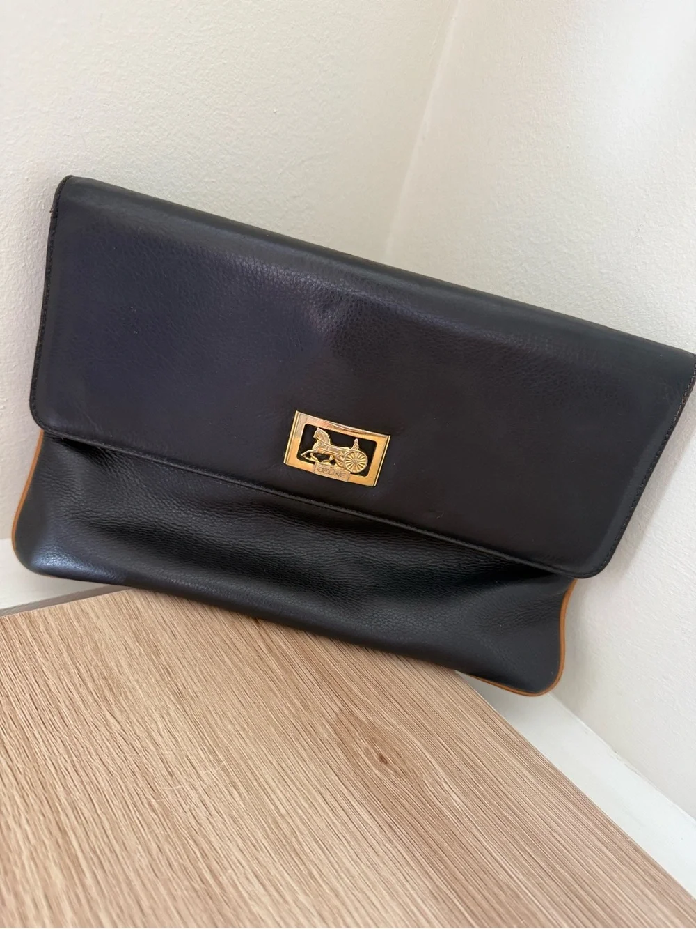 Vintage Celine Black Leather Fold-Over Clutch with Gold Hardware